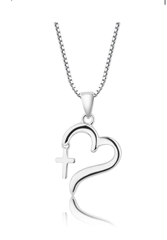 Heart & Cross Pendant Necklace – Silver