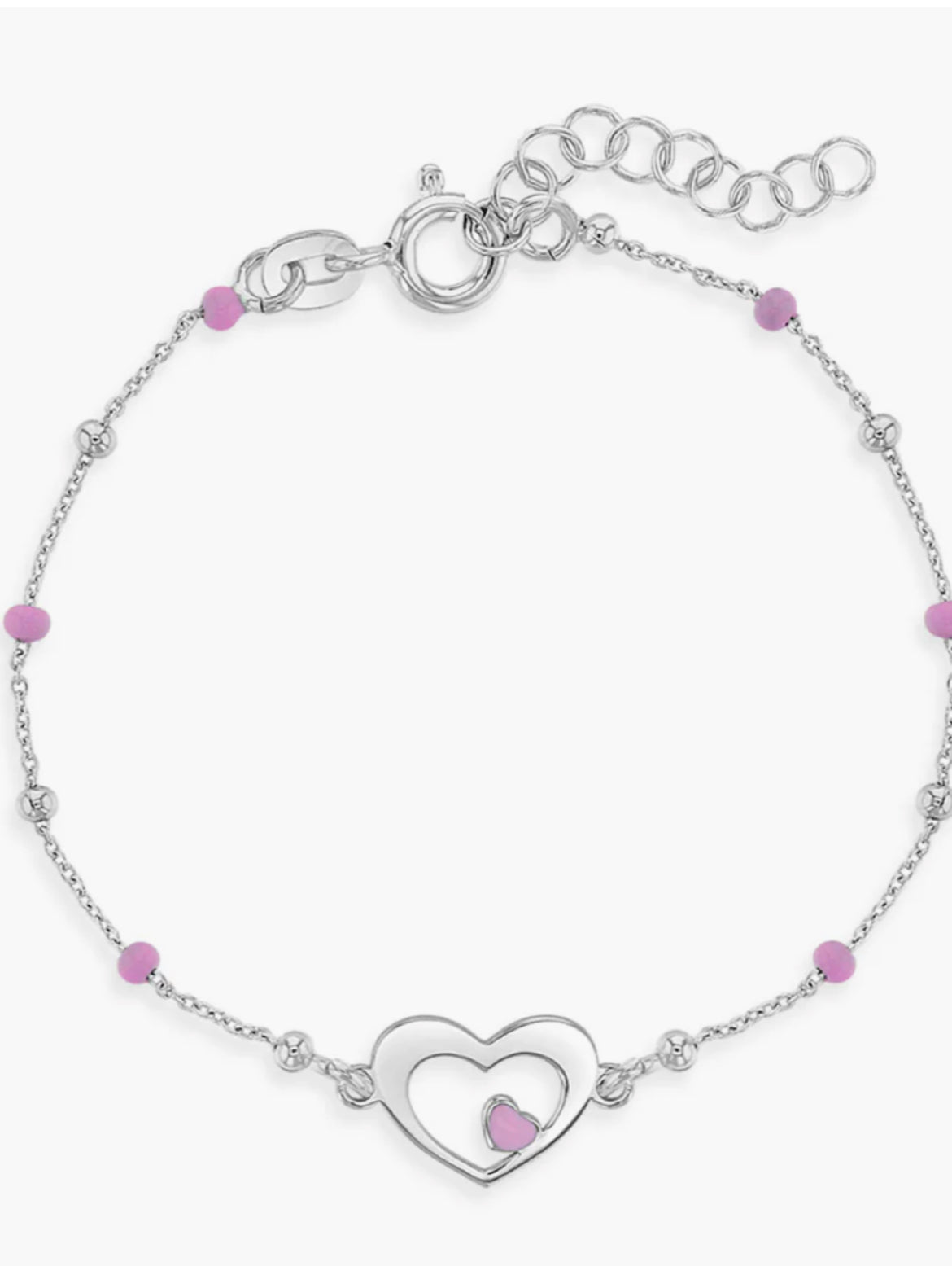 Silver Heart Bracelet – Pink Bead Detail