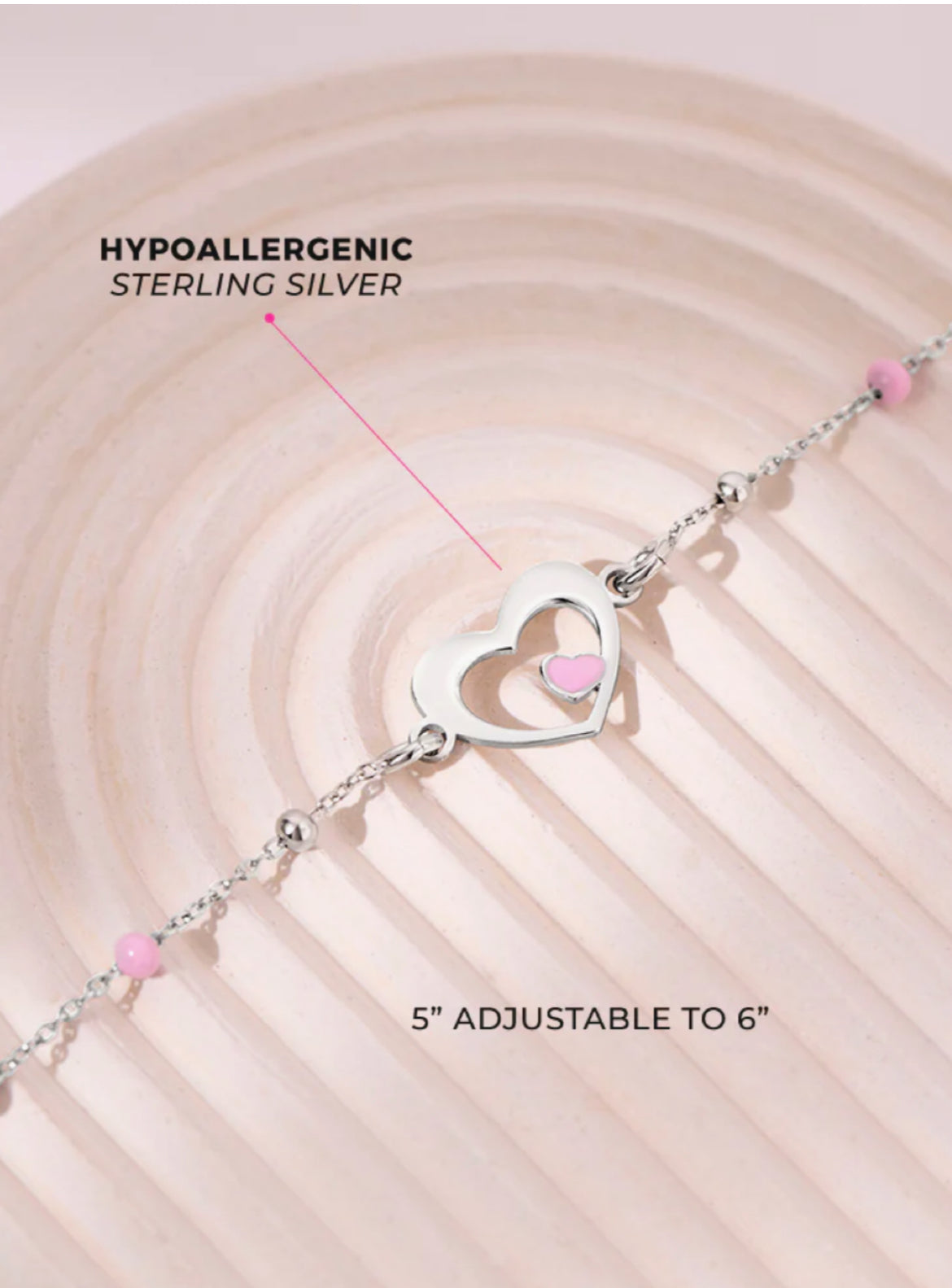 Silver Heart Bracelet – Pink Bead Detail