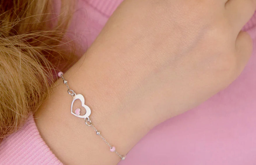 Silver Heart Bracelet – Pink Bead Detail