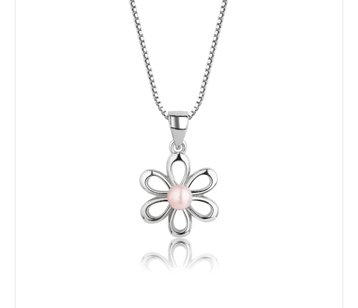 Pink Flower Pendant Necklace – Silver